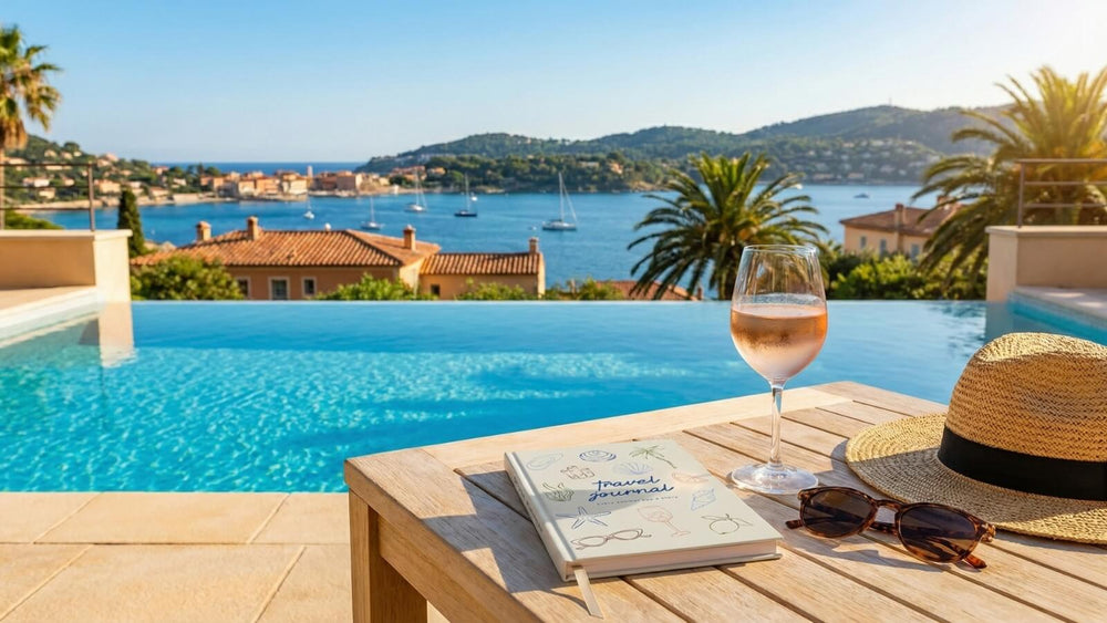 travel journal on a table by the french riviera