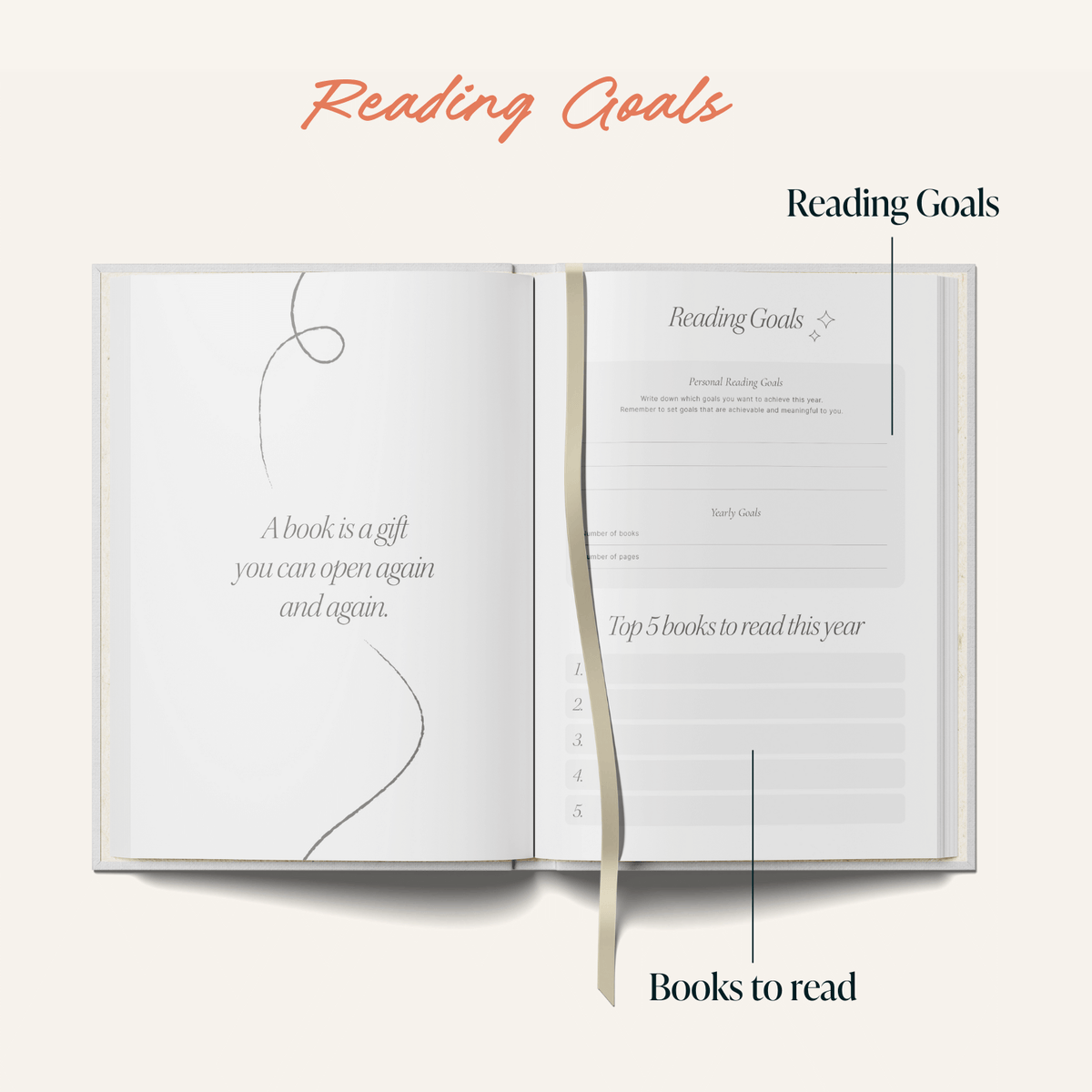 Reading journal bookshelf open to pages showing Reading Goals and sections for personal reading plans.
