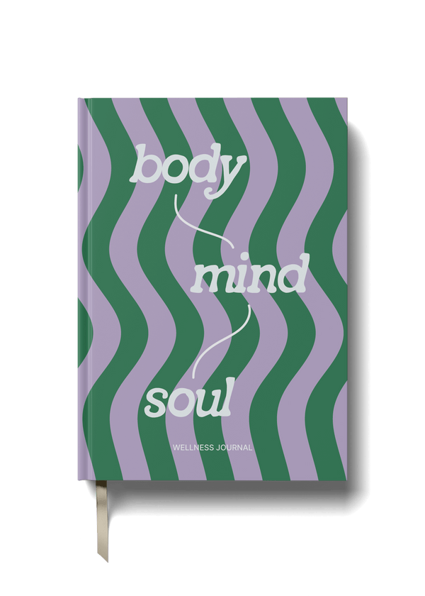 Wellness Journal featuring vibrant cover design with body, mind, soul typography and wavy patterns in green and lavender.