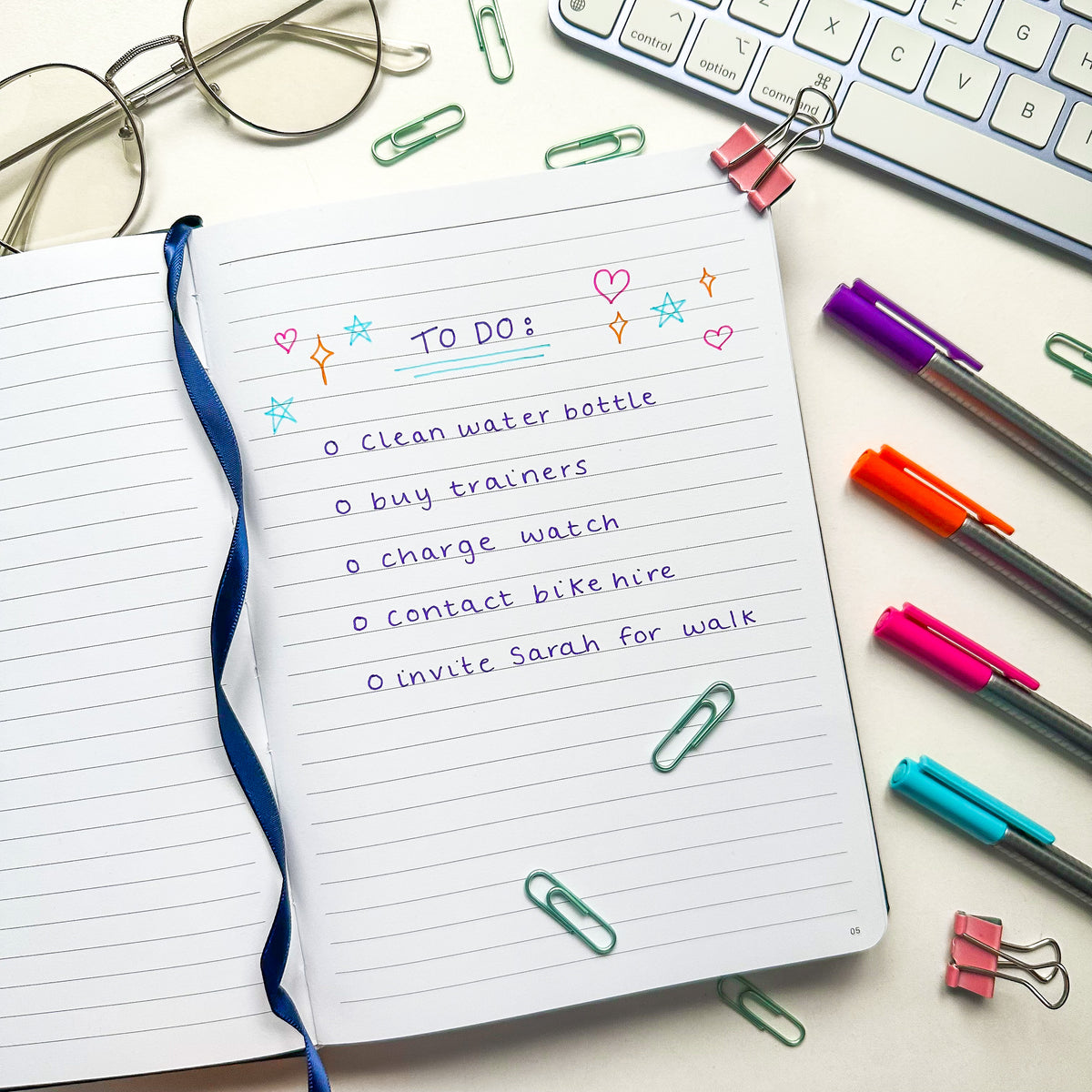 Exercise to-do list in a lined journal