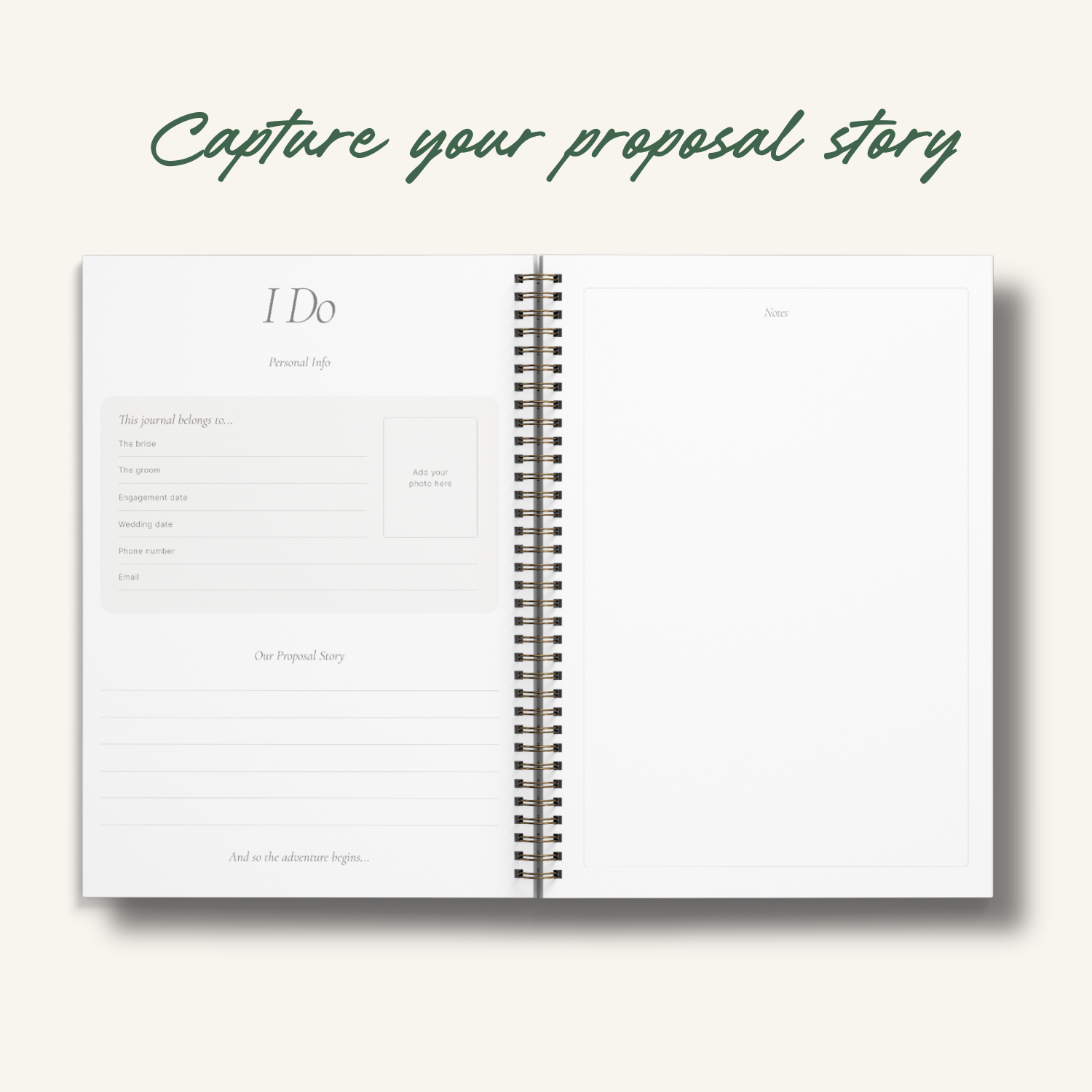Wedding planner open pages featuring sections for personal details and proposal story.