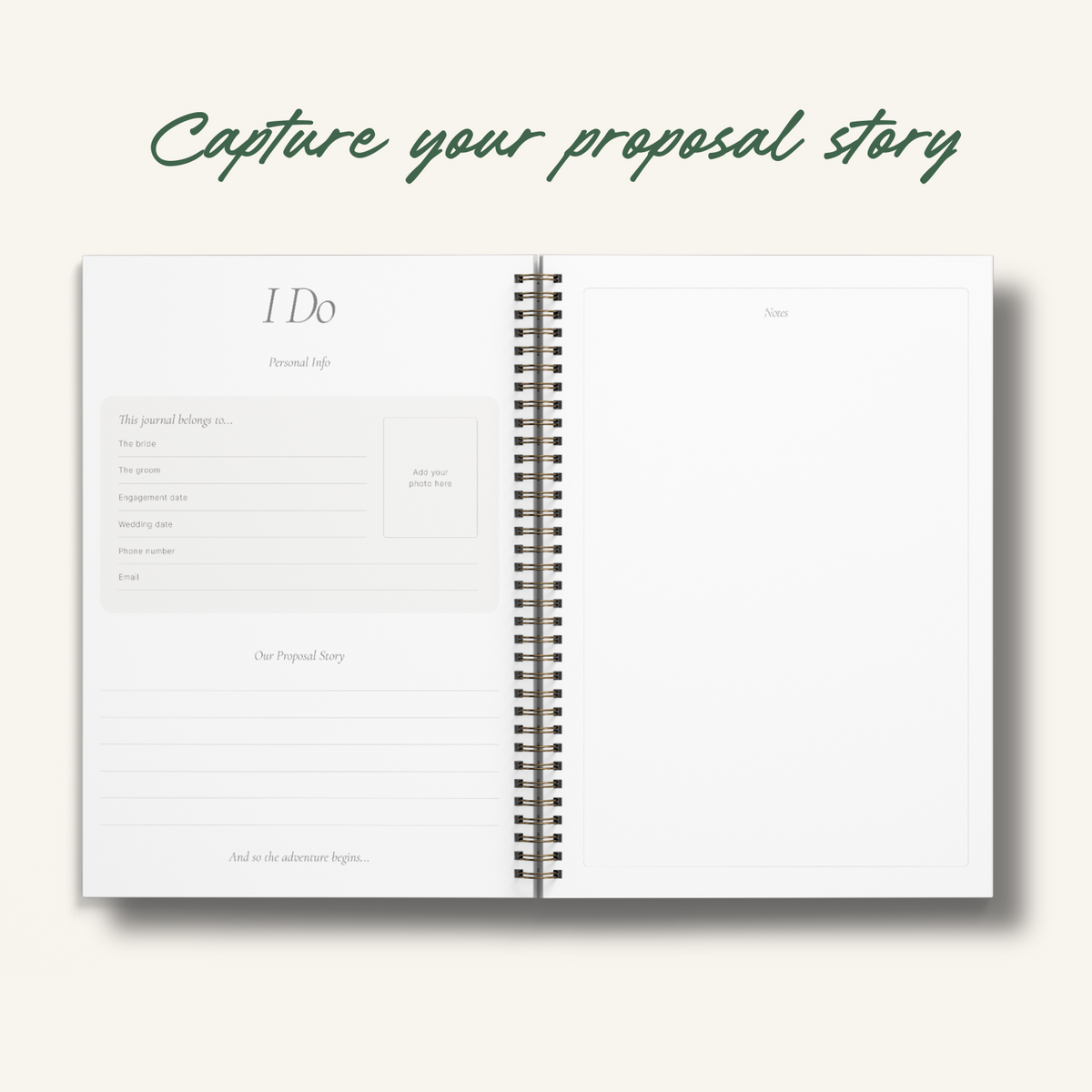 Wedding planner open pages featuring sections for personal details and proposal story.