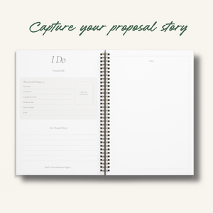 Wedding planner open pages featuring sections for personal details and proposal story.
