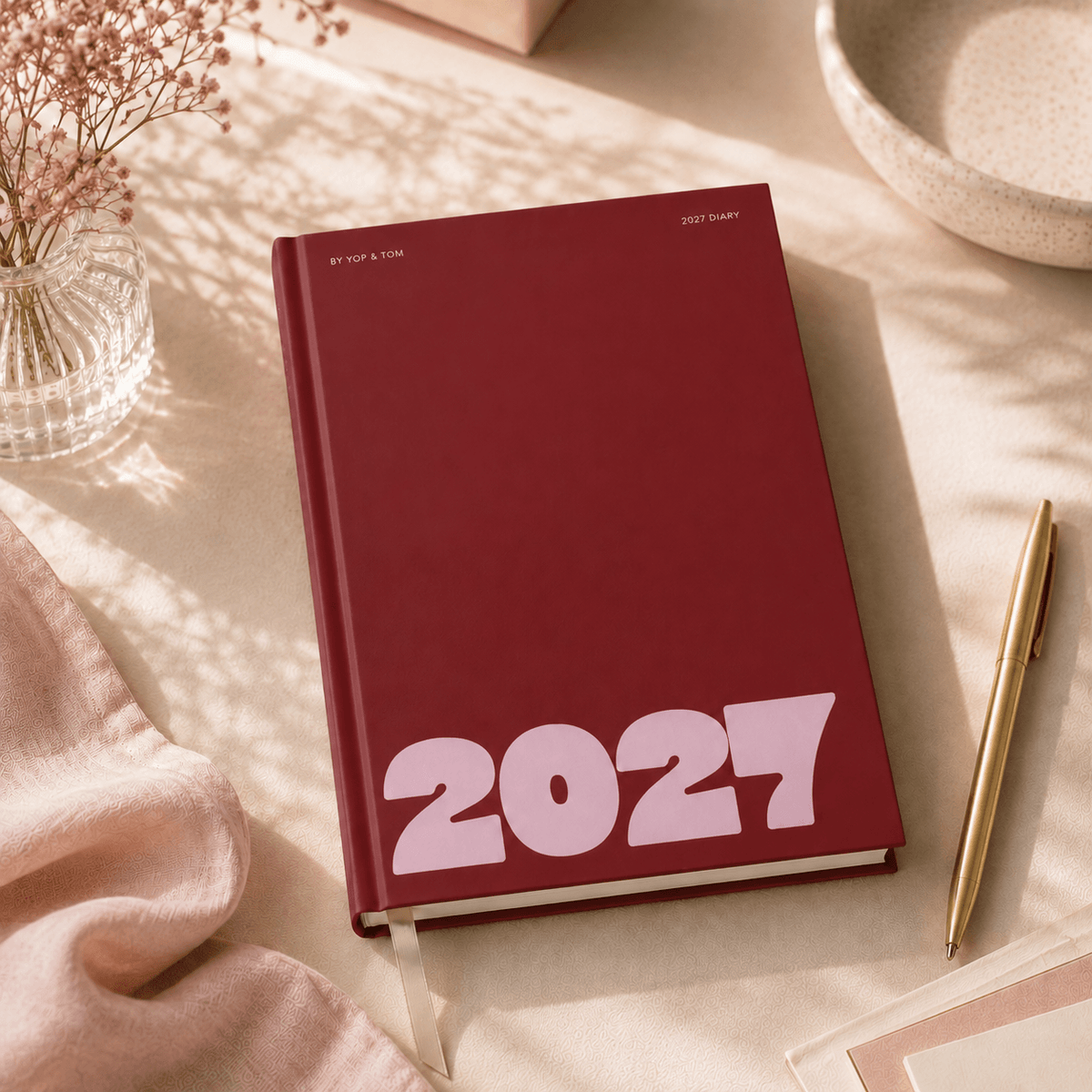 2027 A5 Diary - Week-to-View - Bold Year Burgundy &amp; Pink