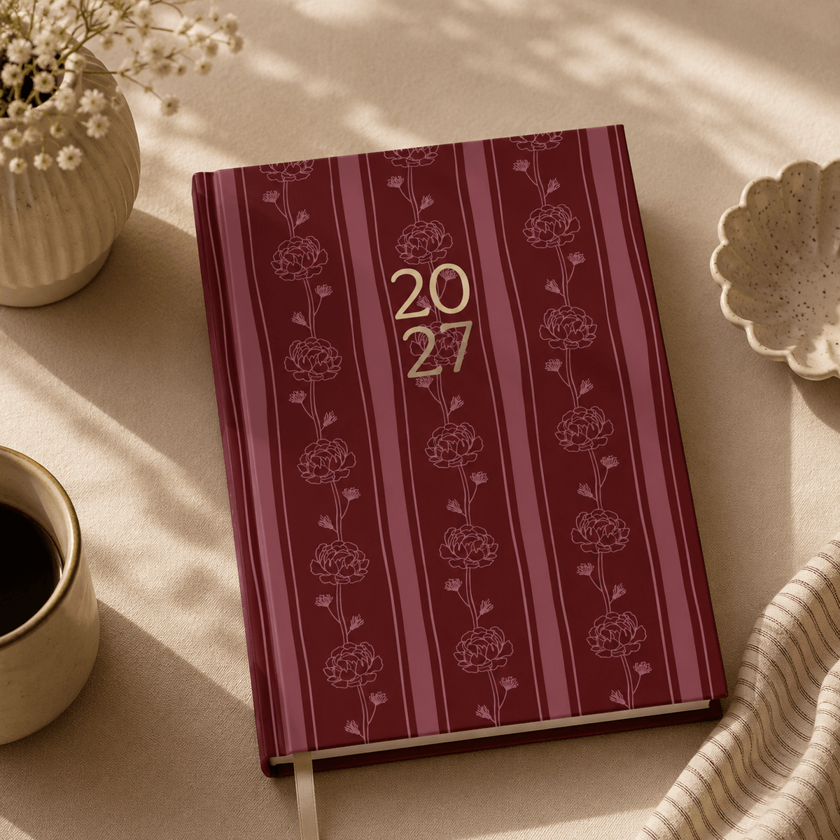 2027 A5 Diary - Week-to-View - Burgundy Flowers