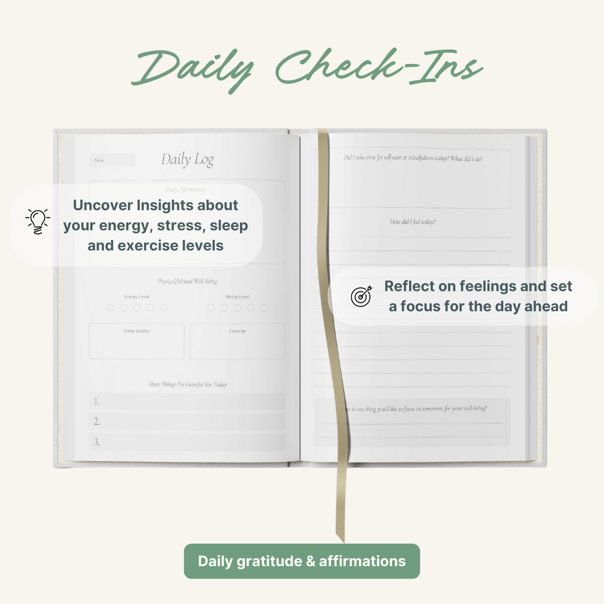 Wellness Journal open pages showing Daily Check-Ins for reflection on energy, stress, and feelings.