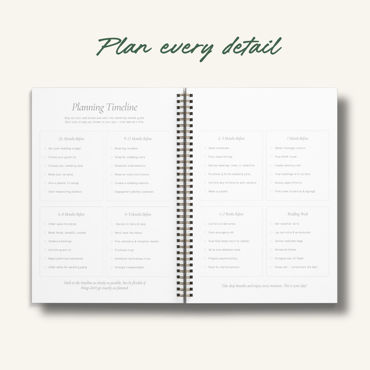 Wedding planner interior page showing detailed planning timeline for every step of wedding preparation.