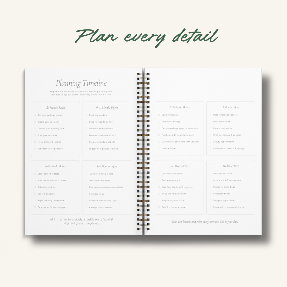 Wedding planner interior page showing detailed planning timeline for every step of wedding preparation.