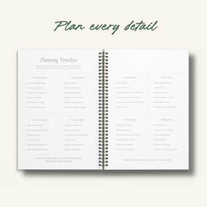 Wedding planner interior page showing detailed planning timeline for every step of wedding preparation.