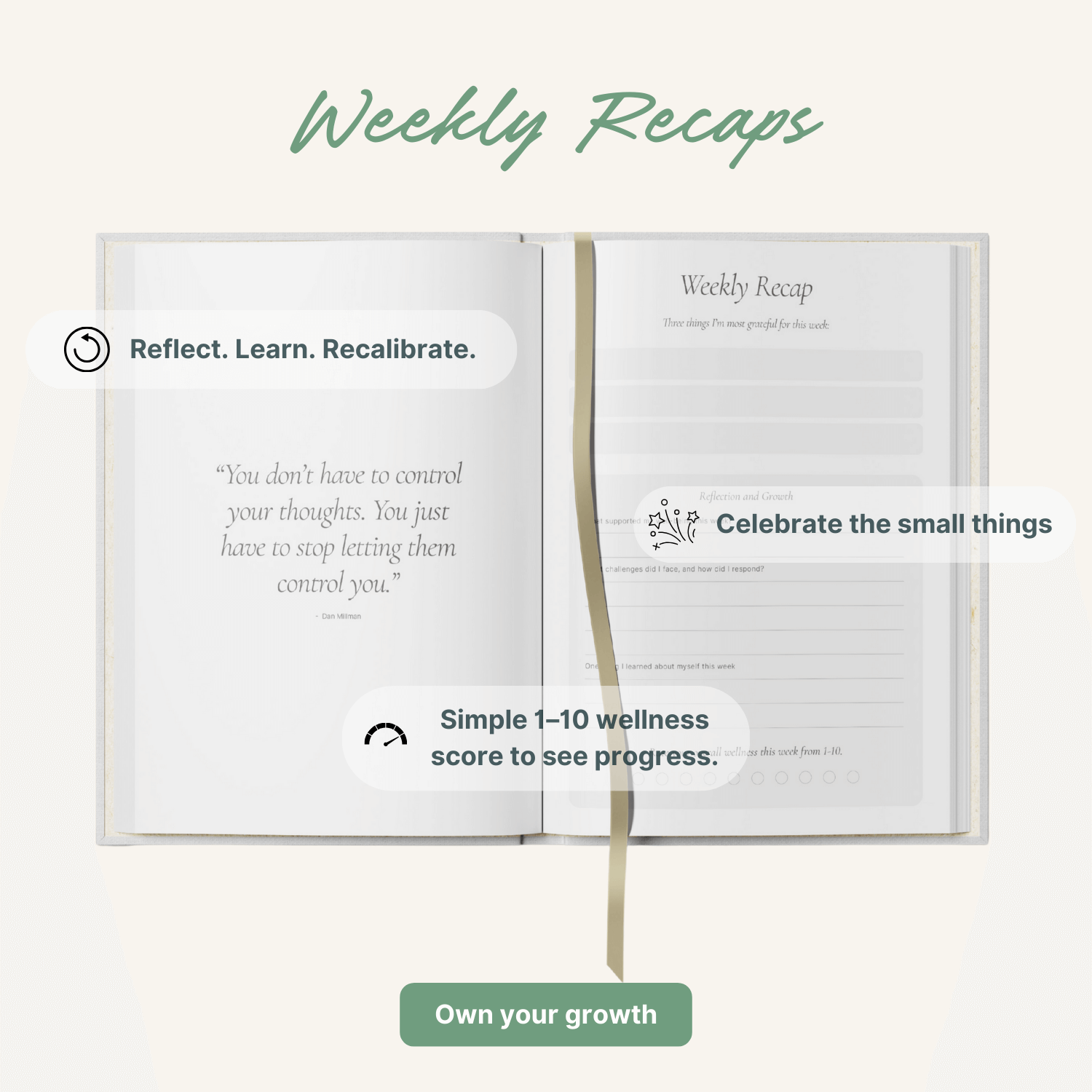 Wellness Journal open with weekly recaps illustrating reflection and growth.