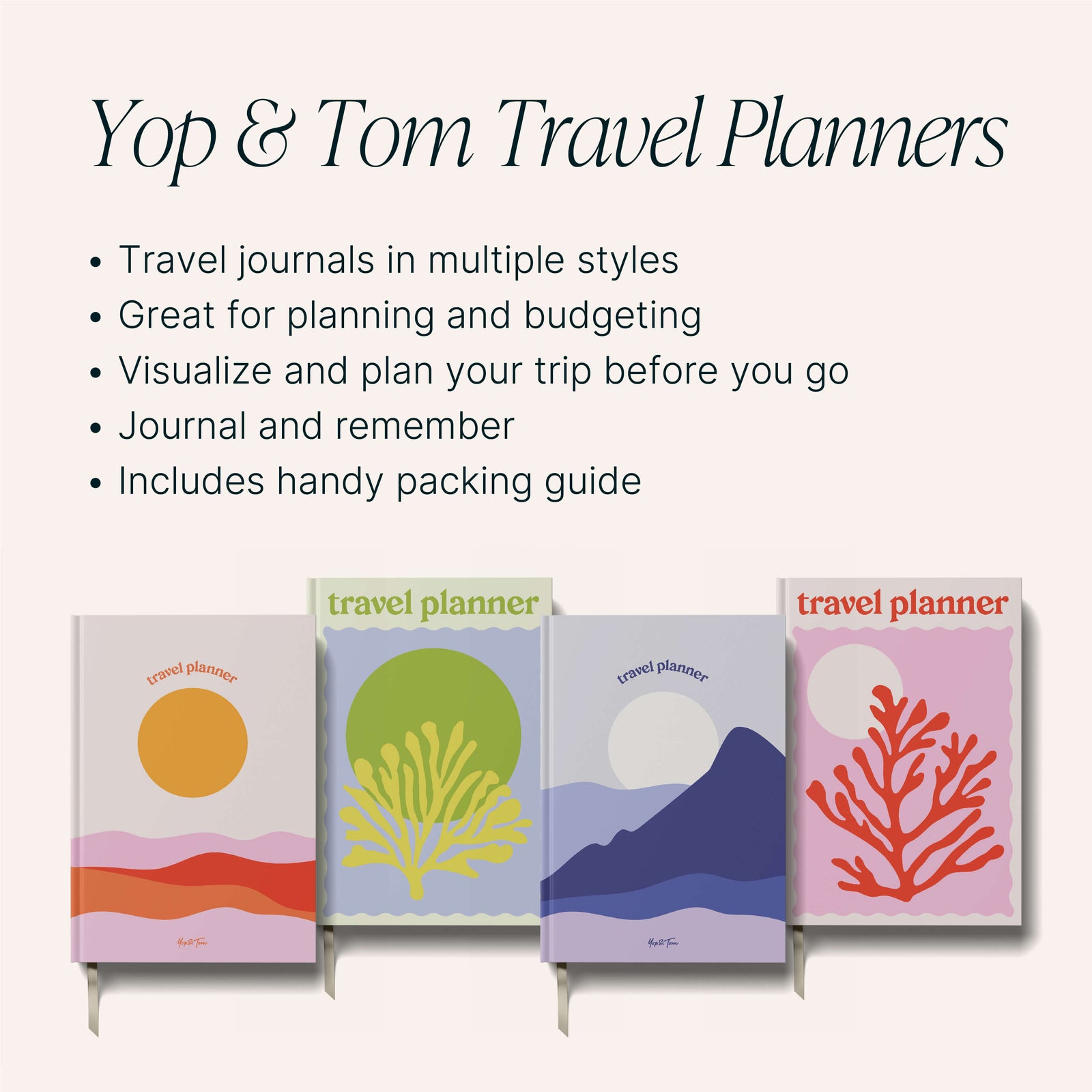 Yop & Tom travel planner journals in multiple styles, perfect for planning and budgeting travel adventures.