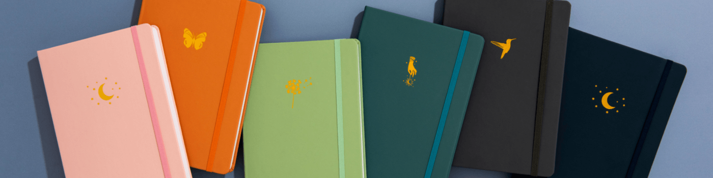 Image of 6 Yop & Tom journals with different colour cover on blue background