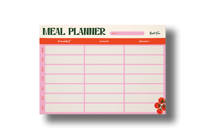 A4 Tear Off Notepad featuring a vibrant Meal Planner design with tomato illustrations for organizing meals.