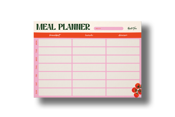 A4 Tear Off Notepad featuring a vibrant Meal Planner design with tomato illustrations for organizing meals.