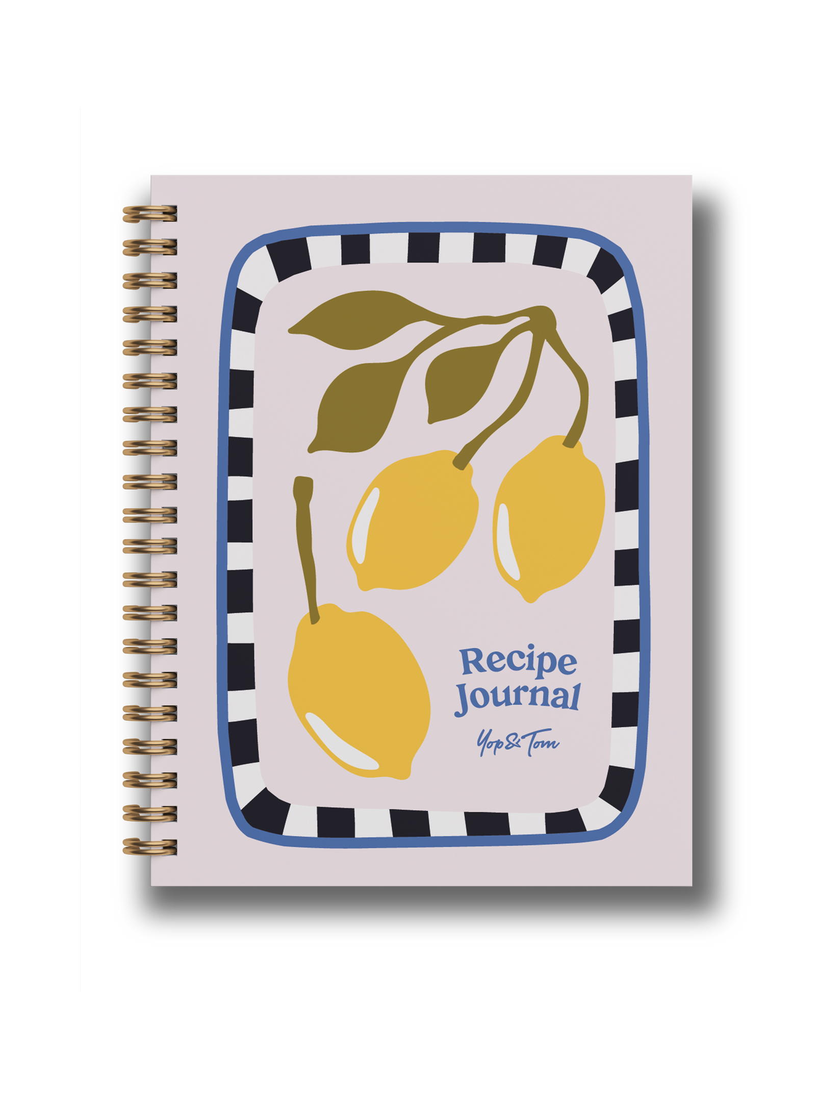 Lemon recipe journal with vibrant lemon design, spiral binding and playful typography for culinary creativity.