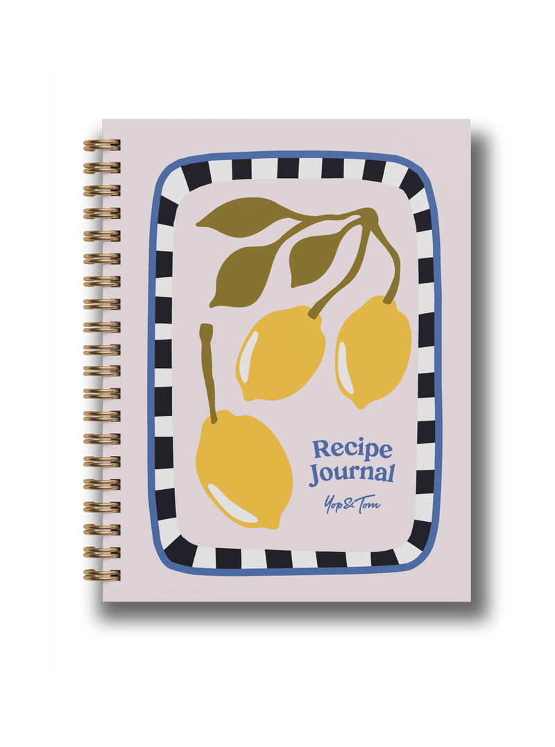 Lemon recipe journal with vibrant lemon design, spiral binding and playful typography for culinary creativity.
