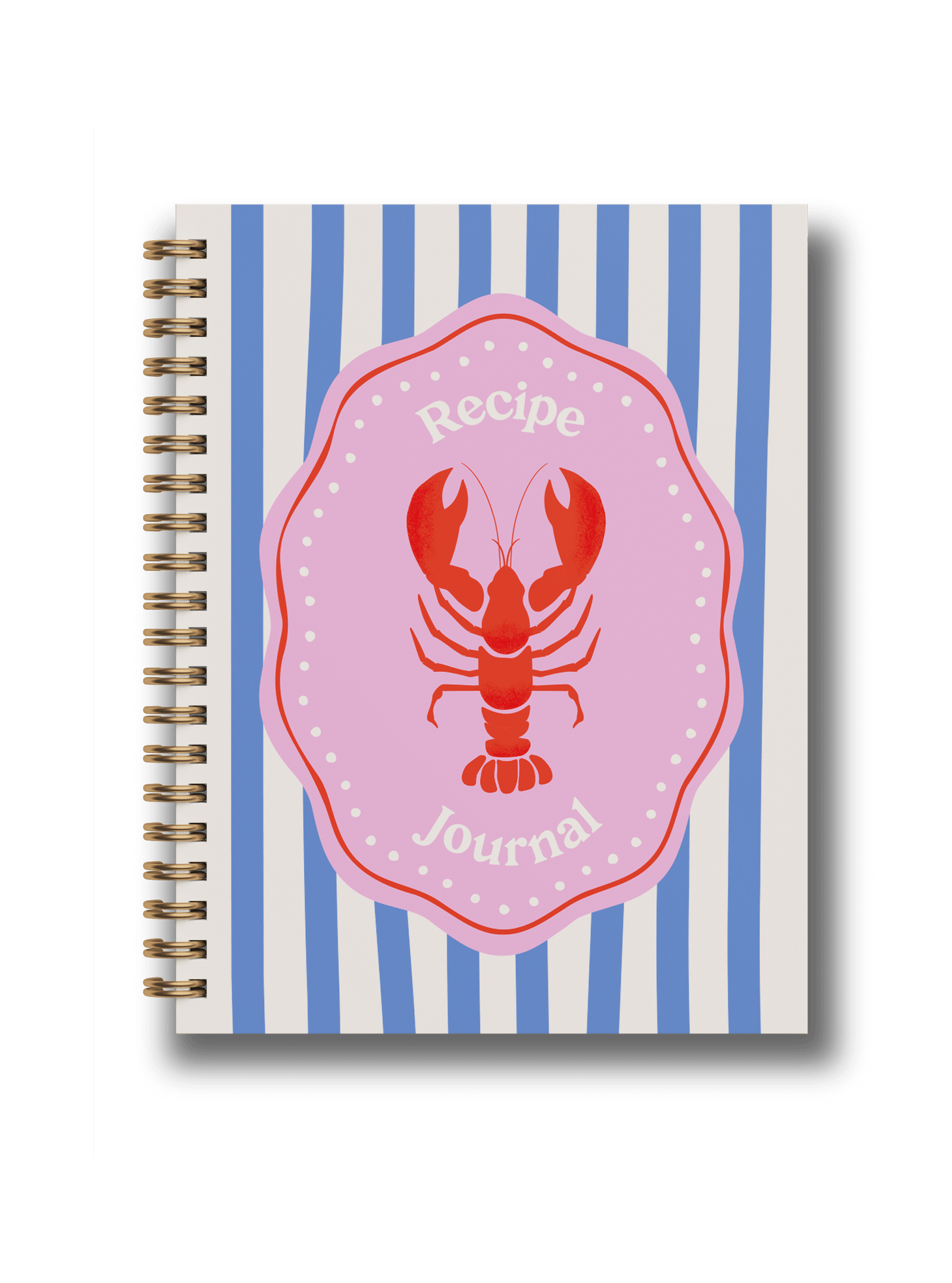 Bright lobster motif recipe journal with playful typography and colorful stripes.