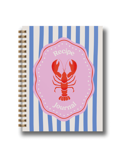Bright lobster motif recipe journal with playful typography and colorful stripes.