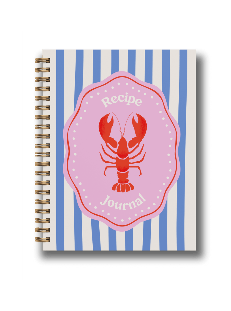 Bright lobster motif recipe journal with playful typography and colorful stripes.