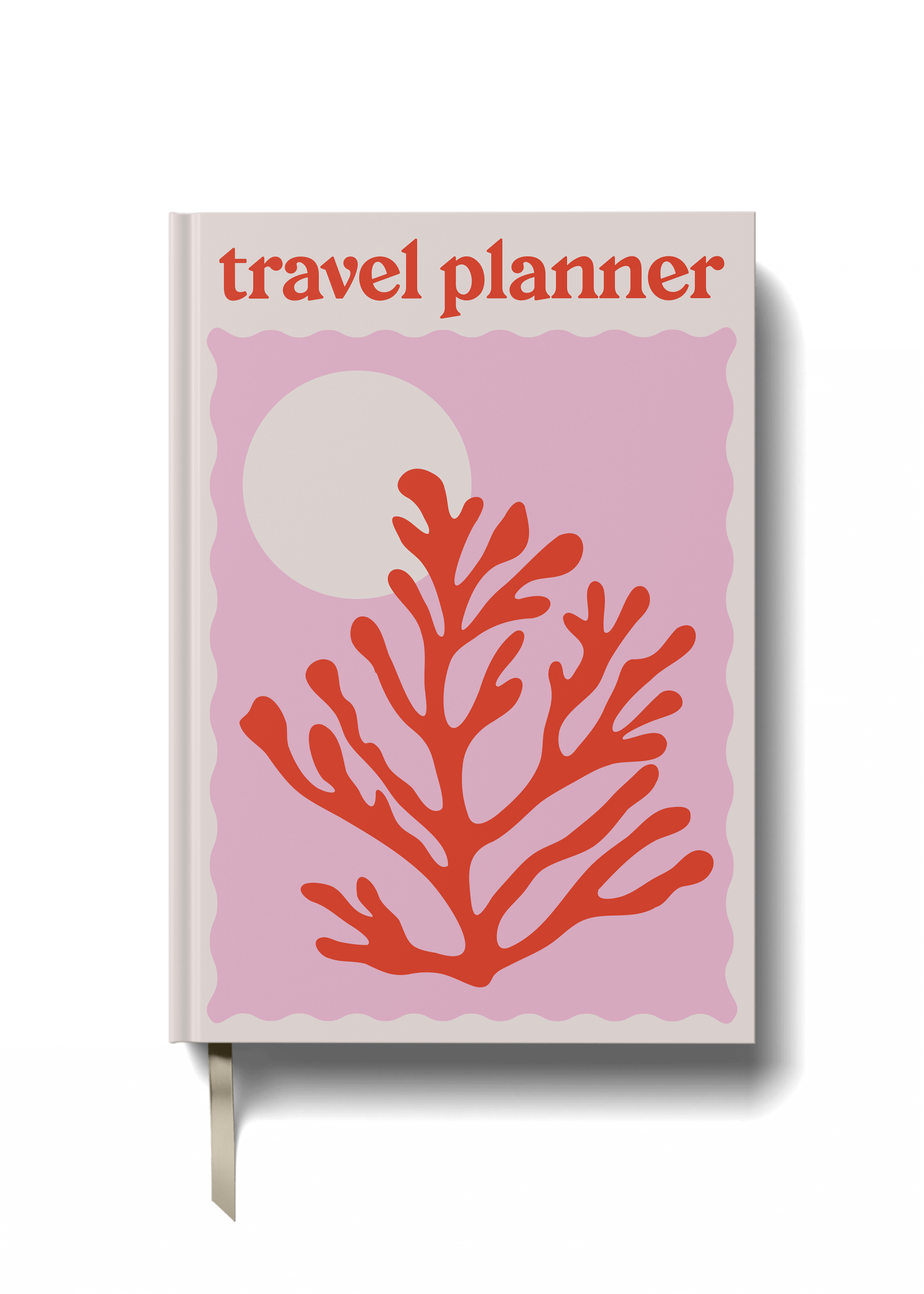 A5 travel planner with a pink background and a red coral illustration on the cover, titled 'TRAVEL PLANNER' at the top.