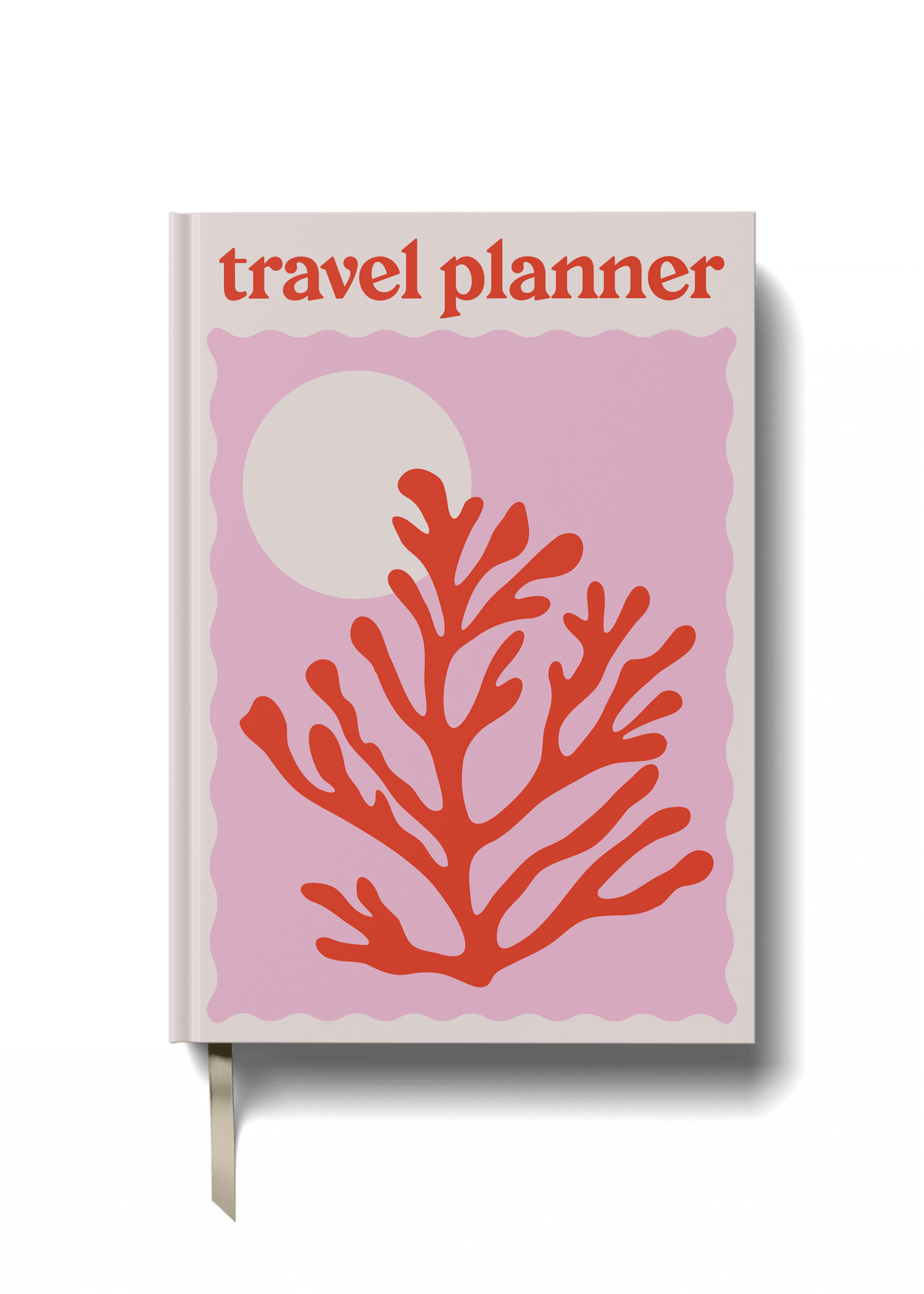A5 travel planner with a pink background and a red coral illustration on the cover, titled &#39;TRAVEL PLANNER&#39; at the top.