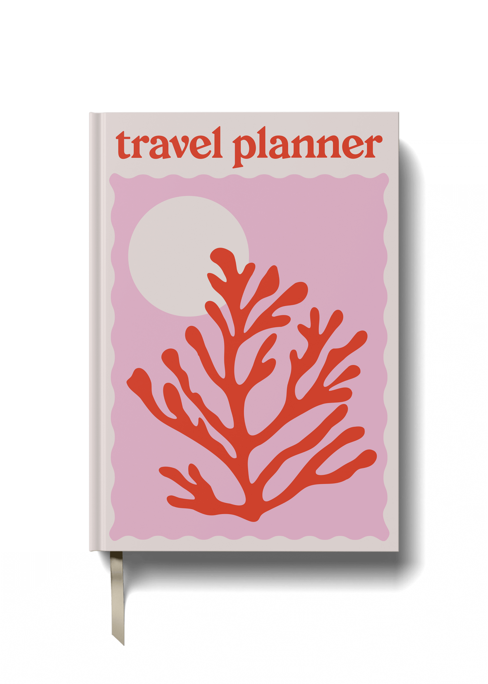 A5 travel planner with a pink background and a red coral illustration on the cover, titled 'TRAVEL PLANNER' at the top.