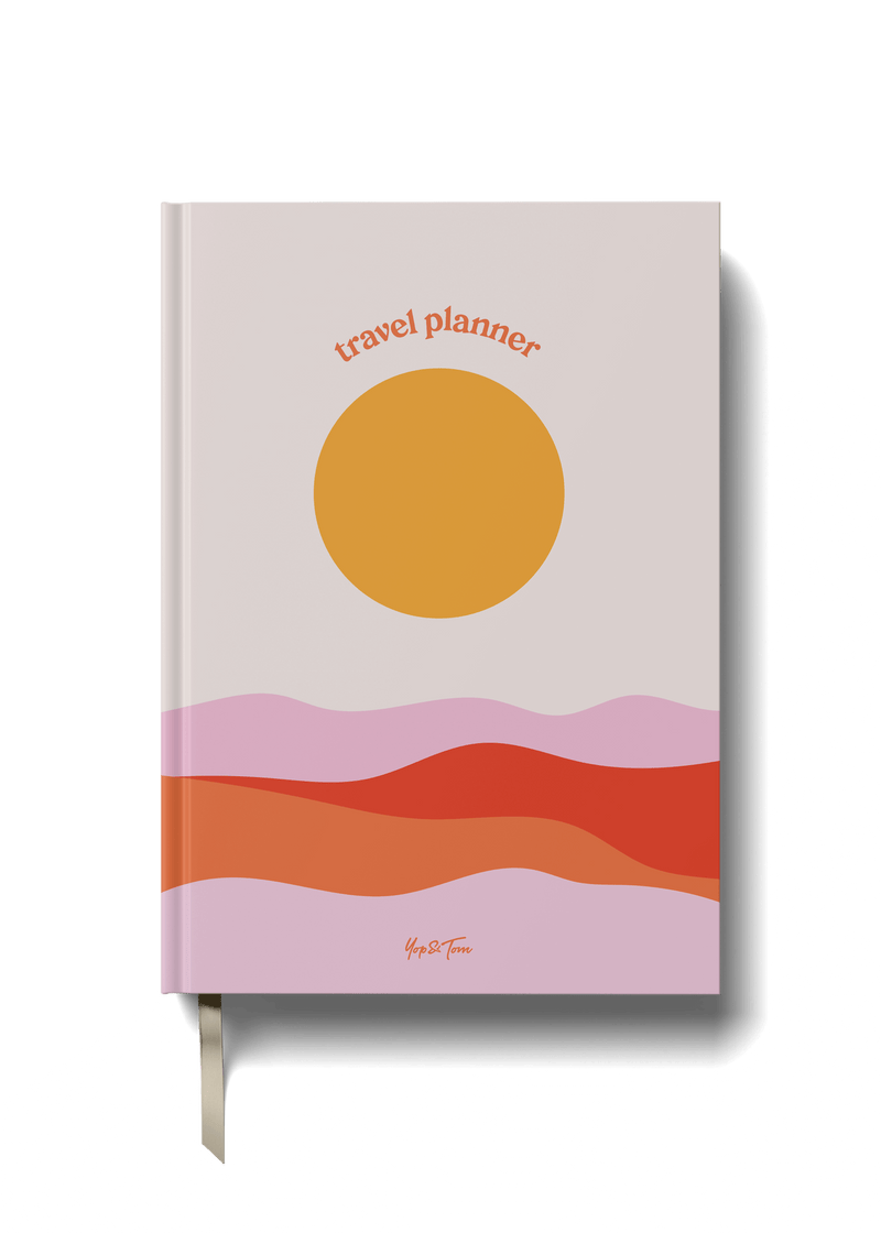 Travel planner with a sunset-inspired design featuring warm colors and cheerful typography for adventure lovers.