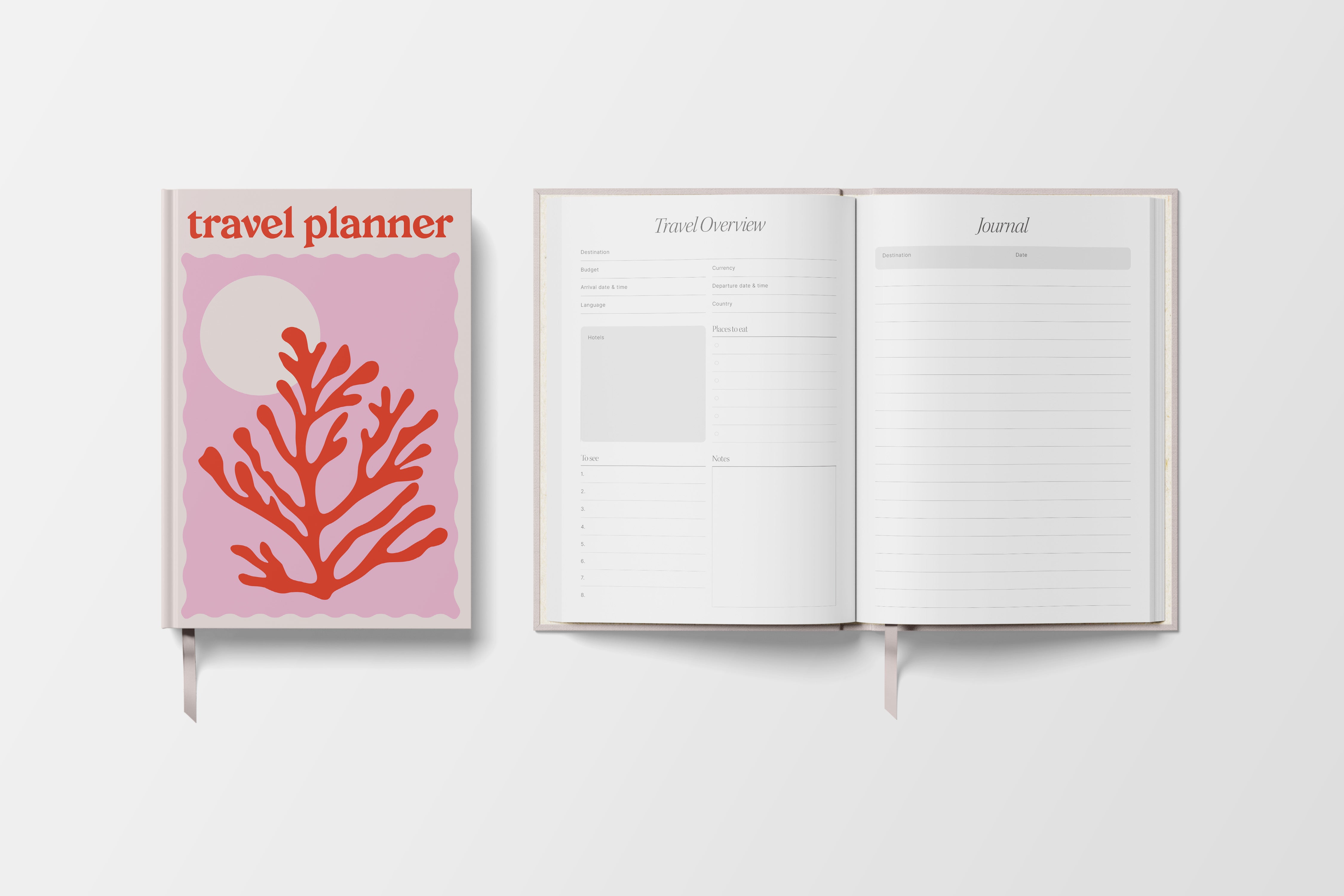 Travel Planner with red coral cover open to interior pages for travel details and journaling.