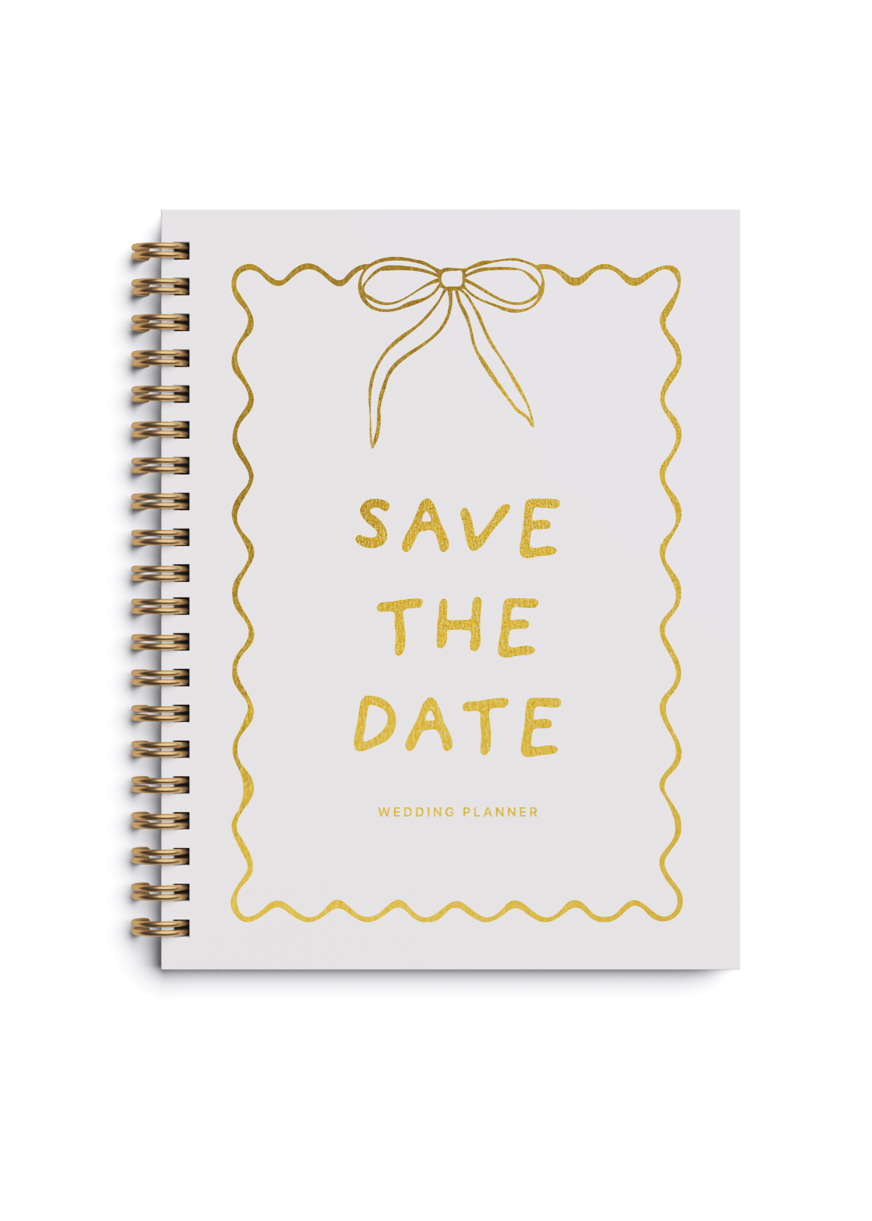 Wedding planner book with gold foiling and Save the Date design on a spiral cover.