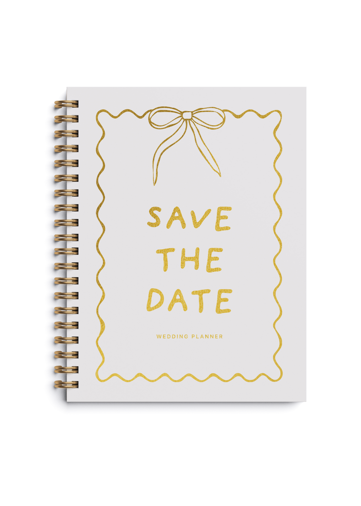 Wedding planner book with gold foiling and Save the Date design on a spiral cover.