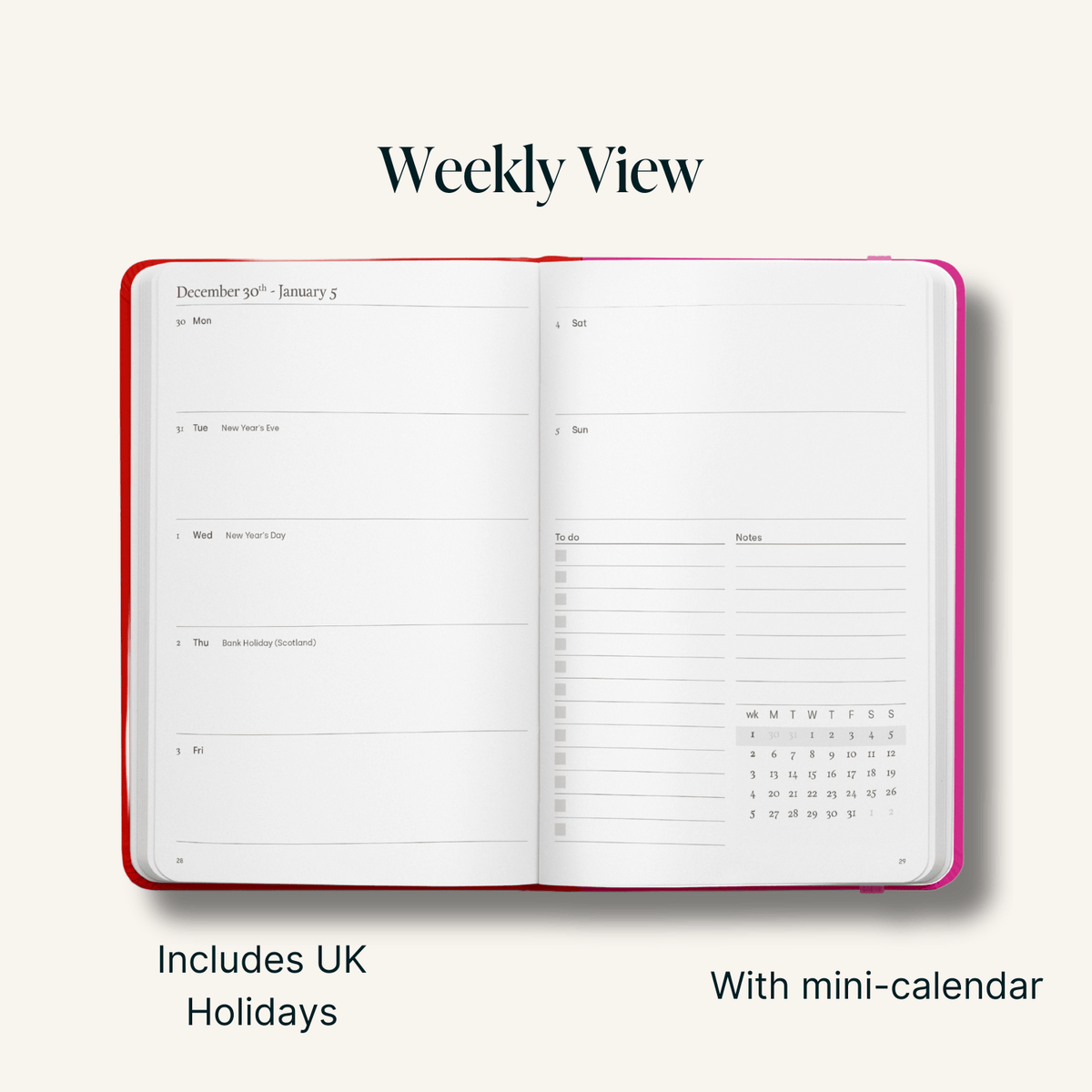 Contrast Red &amp; Pink A5 2025 Diary - Week To View
