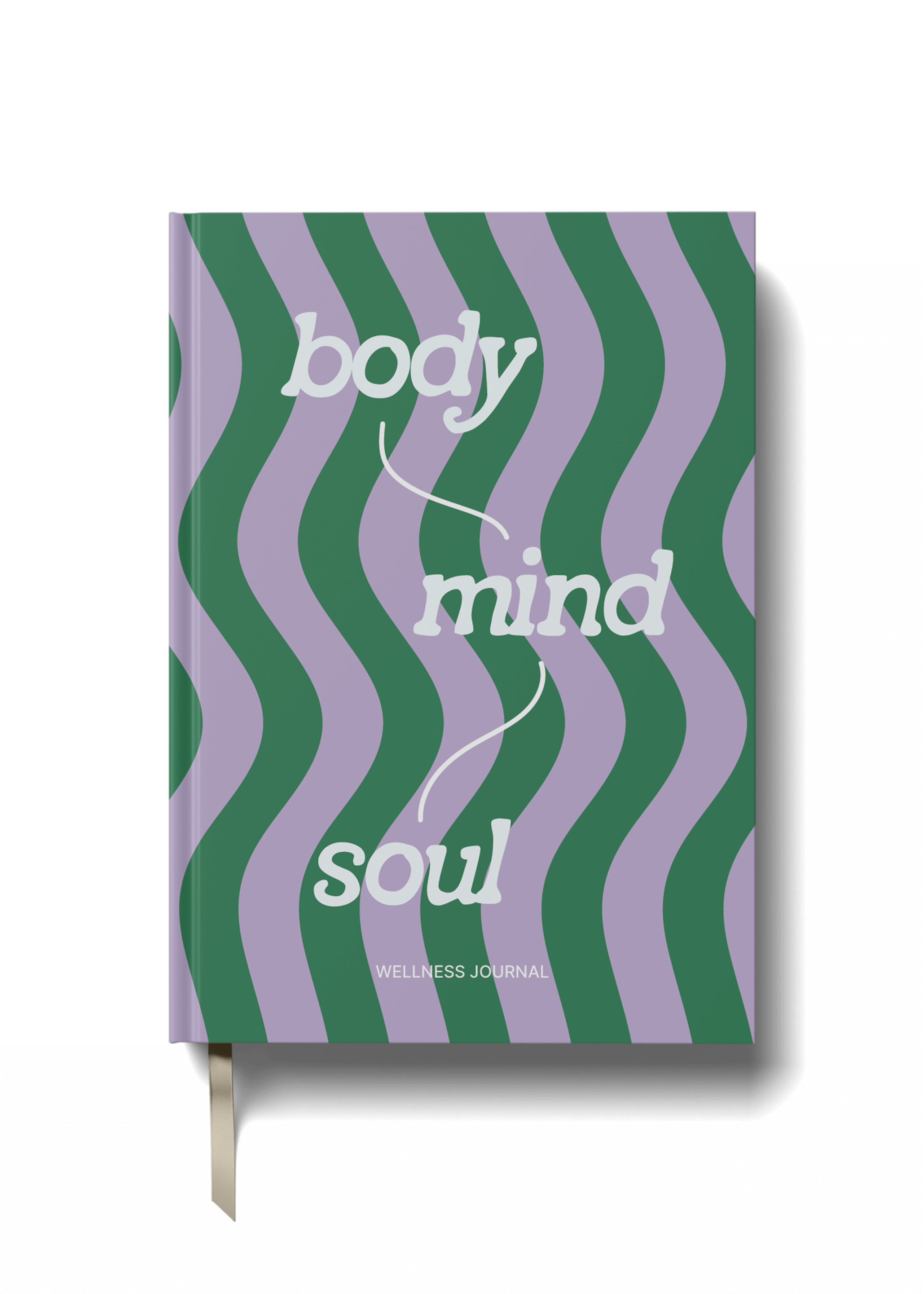 Wellness Journal featuring vibrant cover design with body, mind, soul typography and wavy patterns in green and lavender.