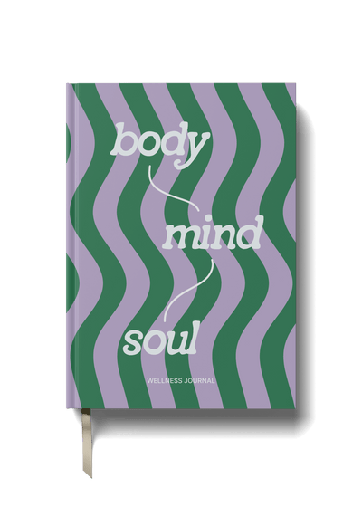 Wellness Journal featuring vibrant cover design with body, mind, soul typography and wavy patterns in green and lavender.