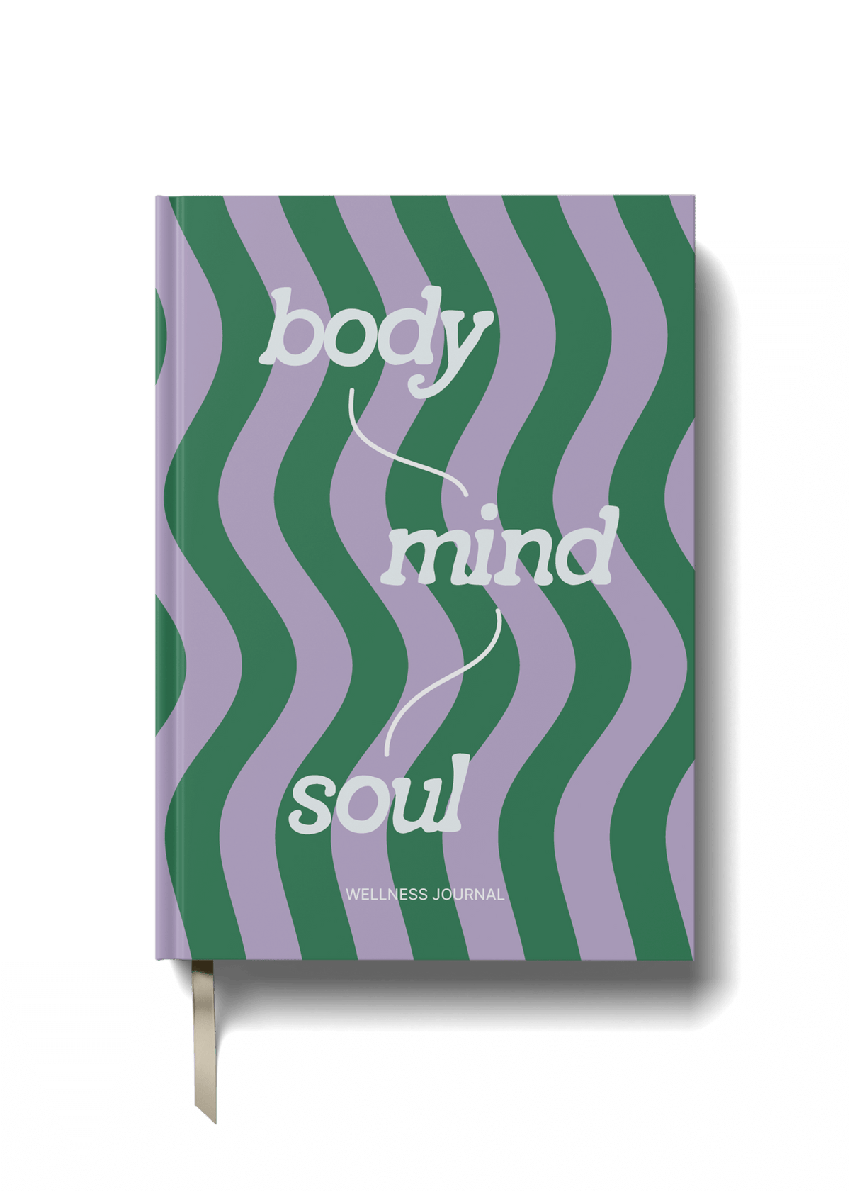 Wellness Journal featuring vibrant cover design with body, mind, soul typography and wavy patterns in green and lavender.