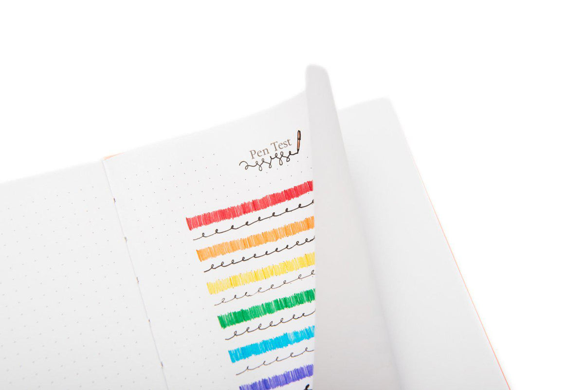 Pen test page in  Yop &amp; Tom dot grid journal showing pens without bleeding through page