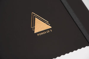 Close up of Power of 3 goal planner gold emblem on charcoal cover
